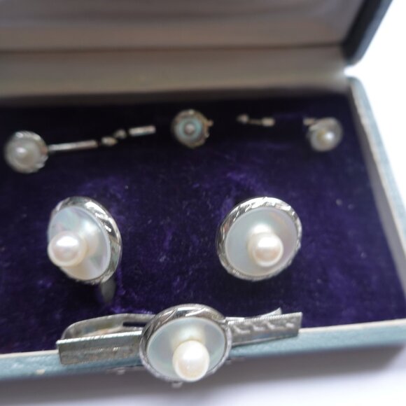 Art Deco Sterling Cultured Pearl Cufflinks Studs Tie Bar - Picture 2 of 4